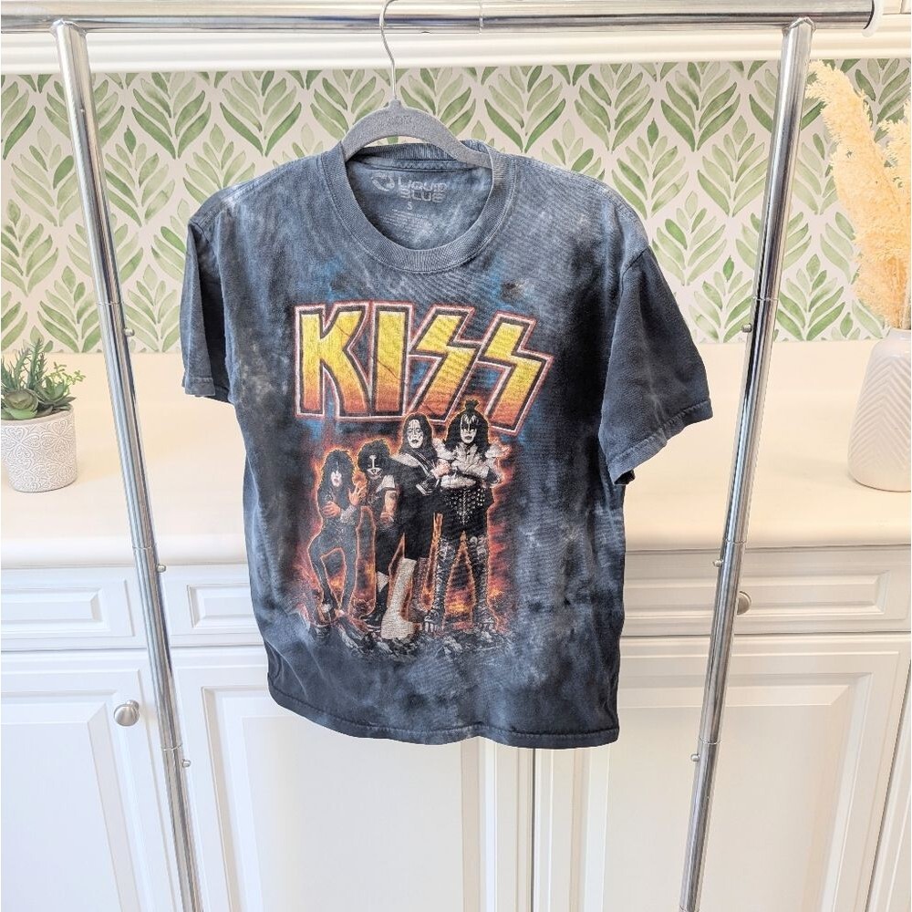 Liquid Blue Kiss Band Tee Small Y2K Ricker Chick 90 Tie Dye Gray Blue Relaxed - Picture 10 of 11